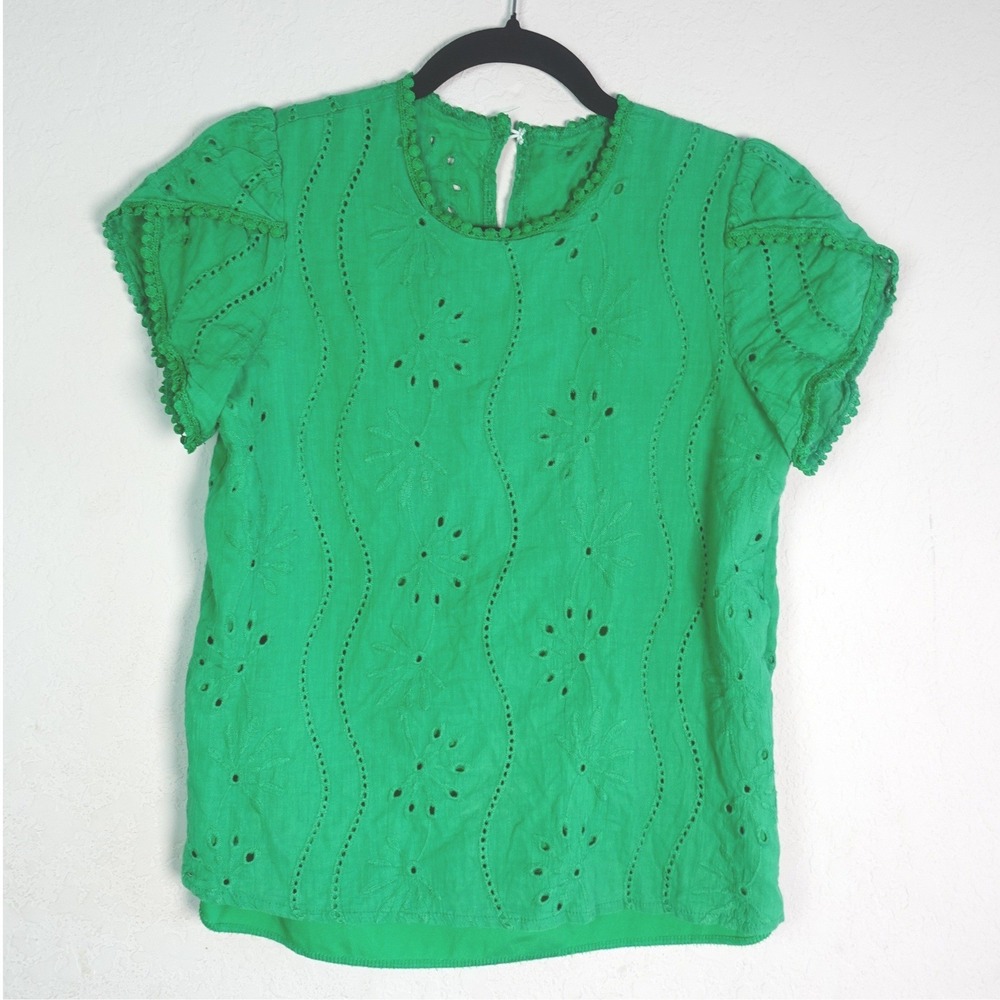 SHEIN Blouse Womens Size S Green Eyelet Floral Flutter Sleeve Pom Pom Trim Top